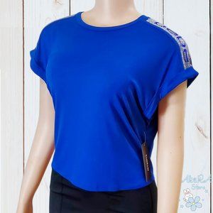 NWT BEBE AUTHENTIC WOMEN'S BLUE LOGO RHINESTONES SHORT SLEEVE T-SHIRT M L XL